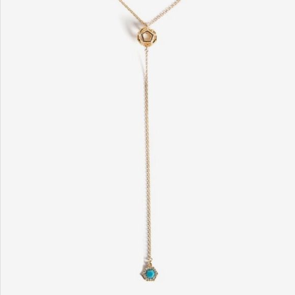 Rebecca Minkoff Open Sphere Gold Y Necklace Lariat Turquoise Pendant Crystal - Picture 2 of 10